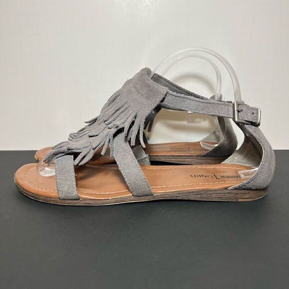 Womens MINNETONKA Maui Grey Leather Fringe Ankle Strap Sandals / Size 8 - Picture 3 of 8